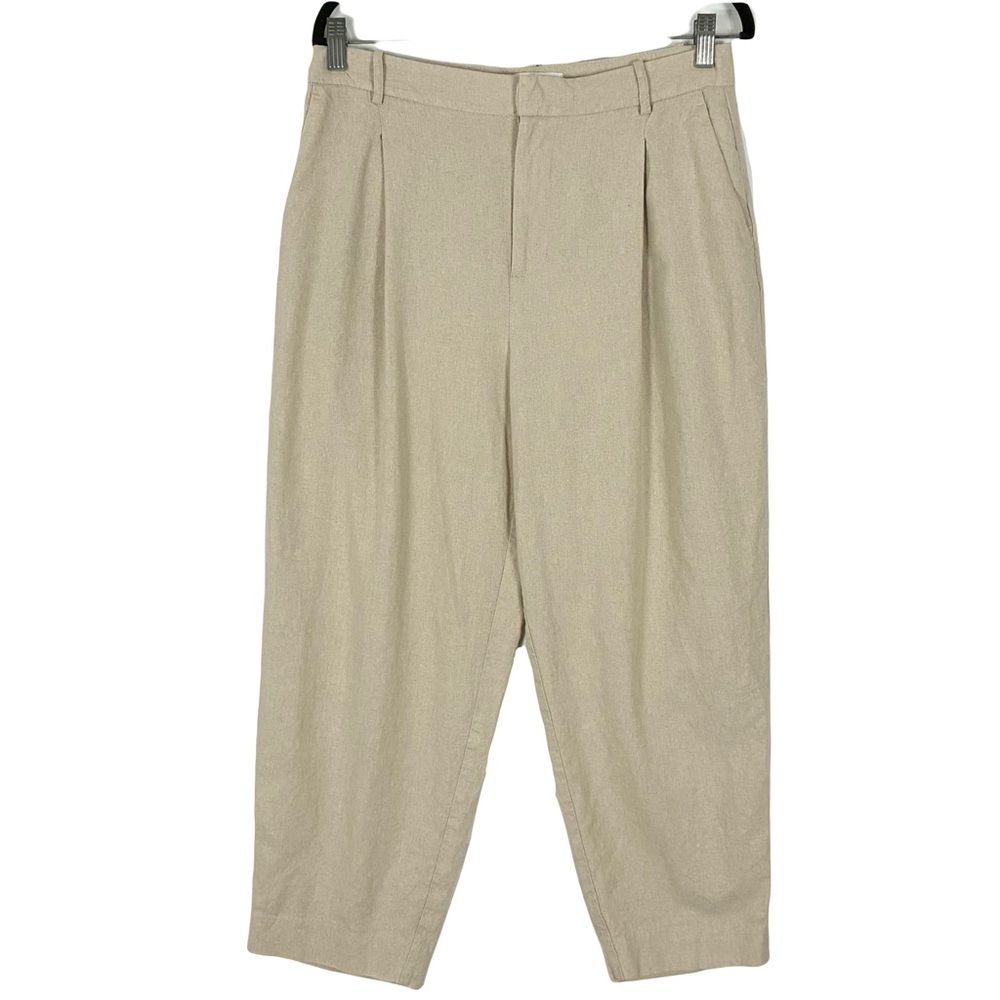 Nwot Zara Linen Pants Womens Medium 2024 Beige Pleated Cuffed